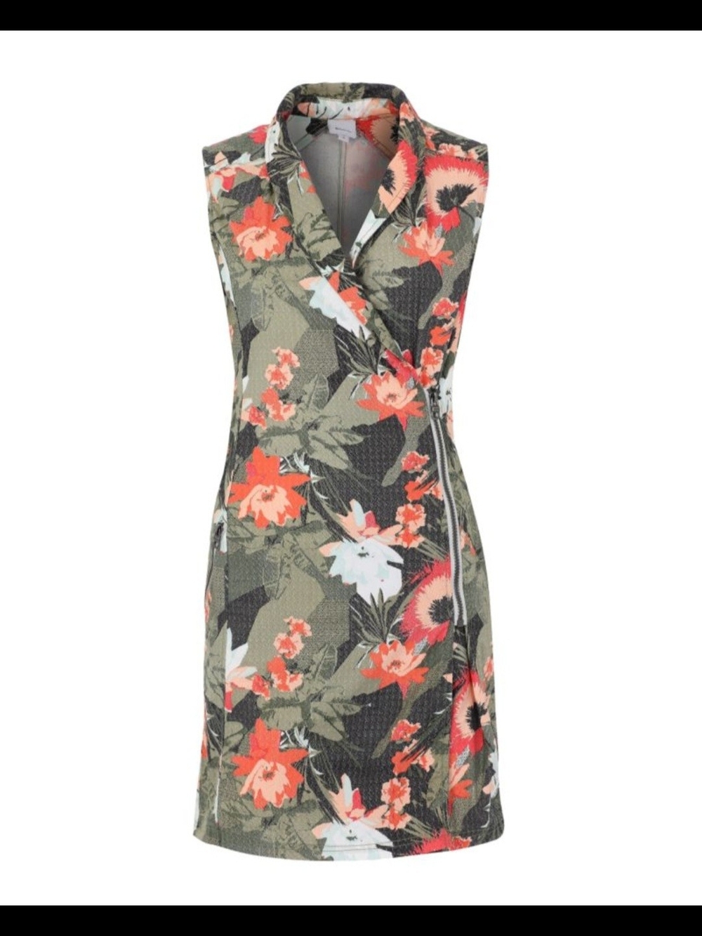 Bench Dress Olive Green Floral Sleeveless Mini Dress with Coral Accents M